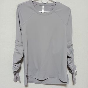 Fabletics Shirt Women's S Ruched Sleeves Lavender Gray Long Sleeve Crew Neck